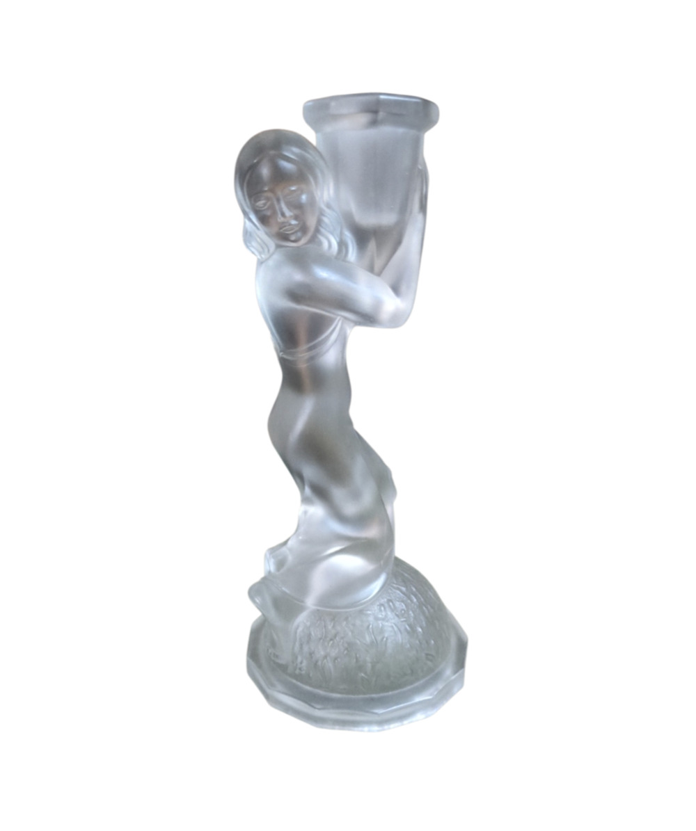 1930s Art Deco Satin Frosted Glass Female Nude Candlestick Holder